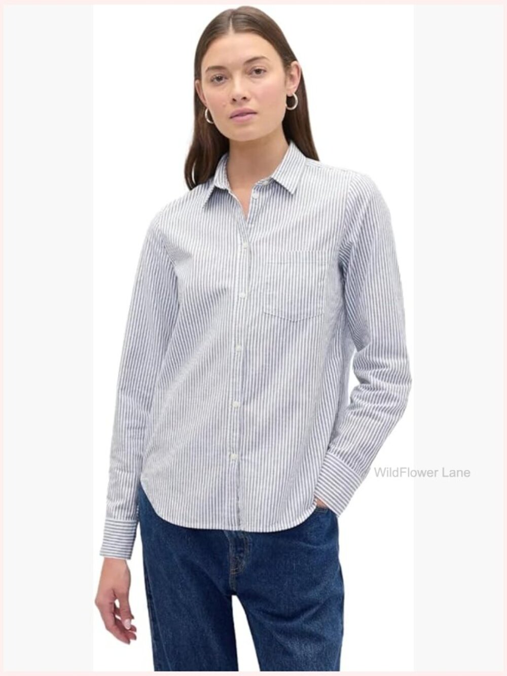Classic Oxford Button Down Shirt Long Sleeve Striped Women's